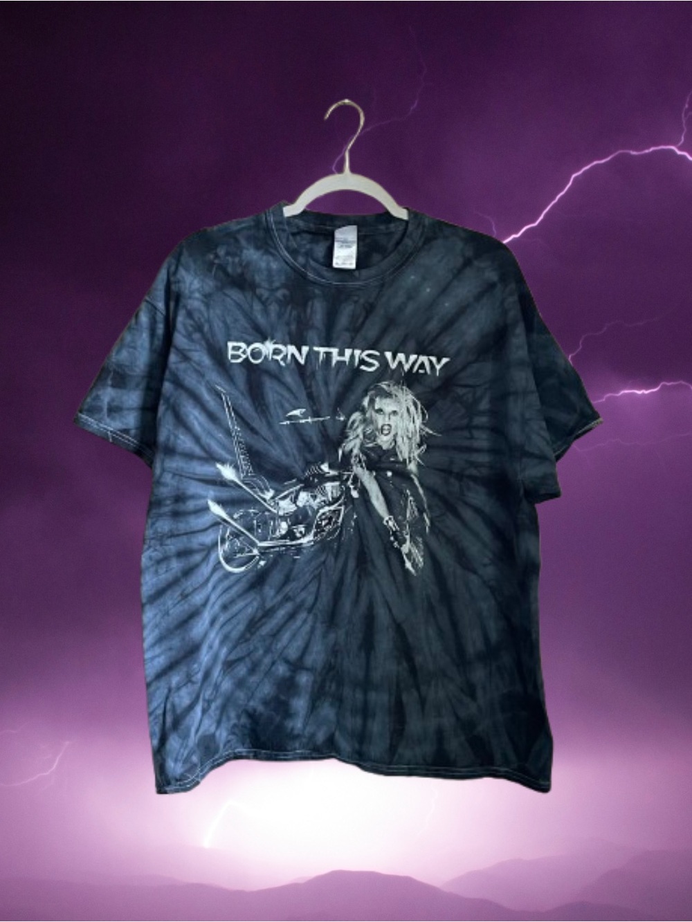 Unisex Lady Gaga Born This Way black & blue tie-dye tee shirt sz XL